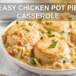 EASY CHICKEN POT PIE CASSEROLE warm golden biscuits bubbling creamy filling close up