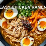 EASY CHICKEN RAMEN cozy bowl with shredded chicken halved eggs spring onions sesame