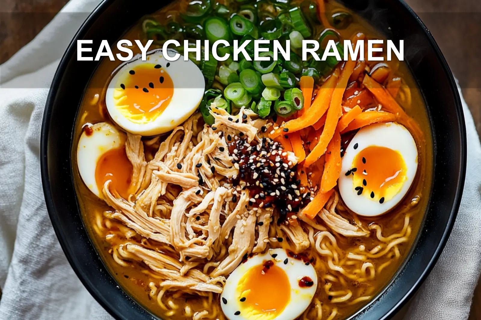 EASY CHICKEN RAMEN cozy bowl with shredded chicken halved eggs spring onions sesame