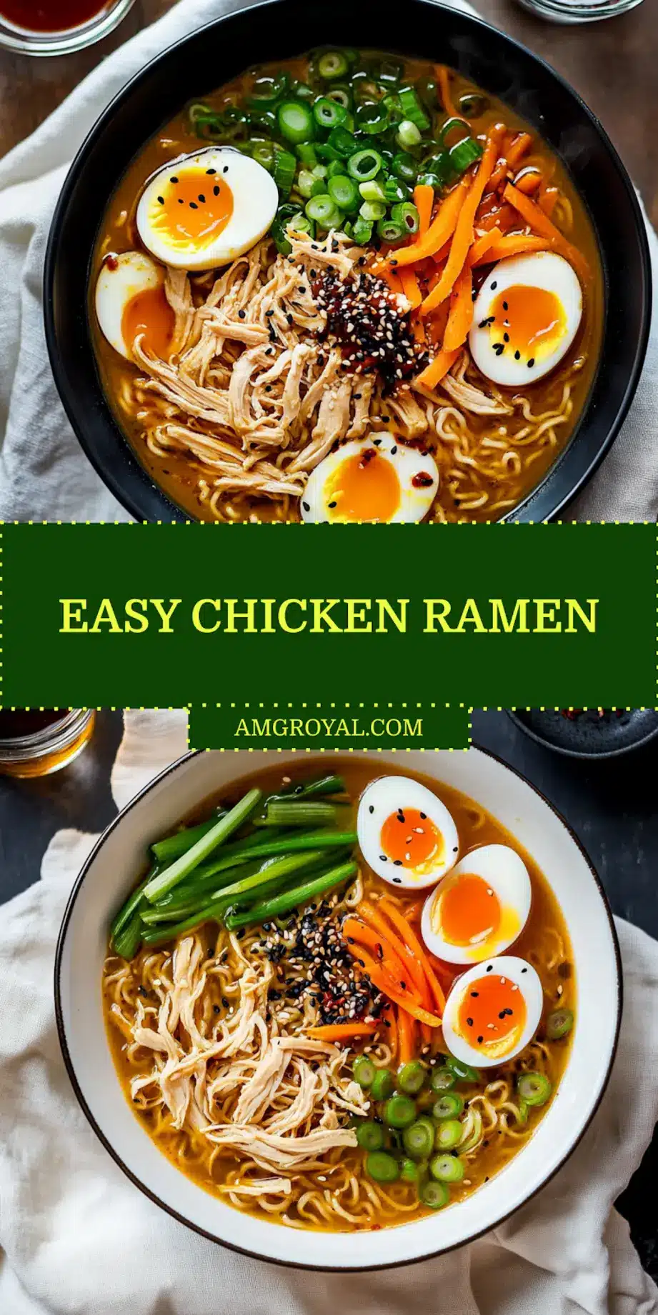 Easy chicken ramen served in a cute ramen bowl topped with soft-boiled eggs, sesame seeds, and greens