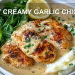 EASY CREAMY GARLIC CHICKEN plated with mashed potatoes steamed greens and lemon wedge