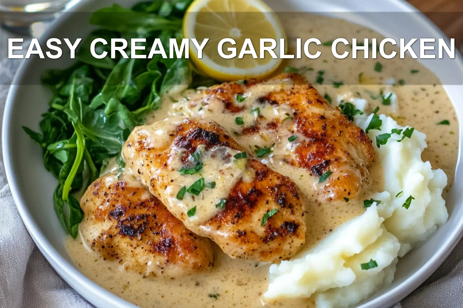 EASY CREAMY GARLIC CHICKEN plated with mashed potatoes steamed greens and lemon wedge