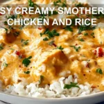 EASY CREAMY SMOTHERED CHICKEN AND RICE plated on white cloth with glass of water, warm tones