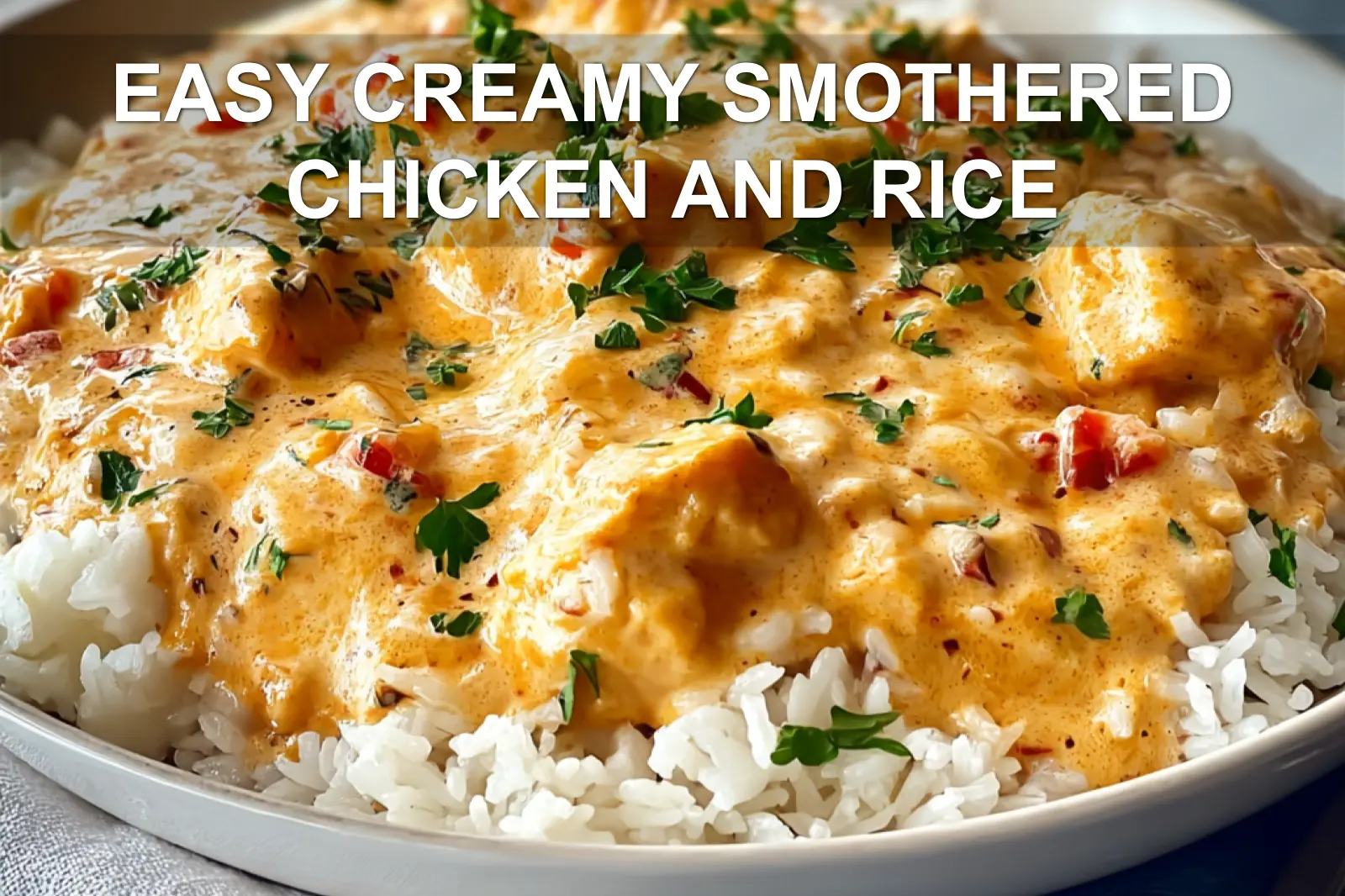 EASY CREAMY SMOTHERED CHICKEN AND RICE plated on white cloth with glass of water, warm tones