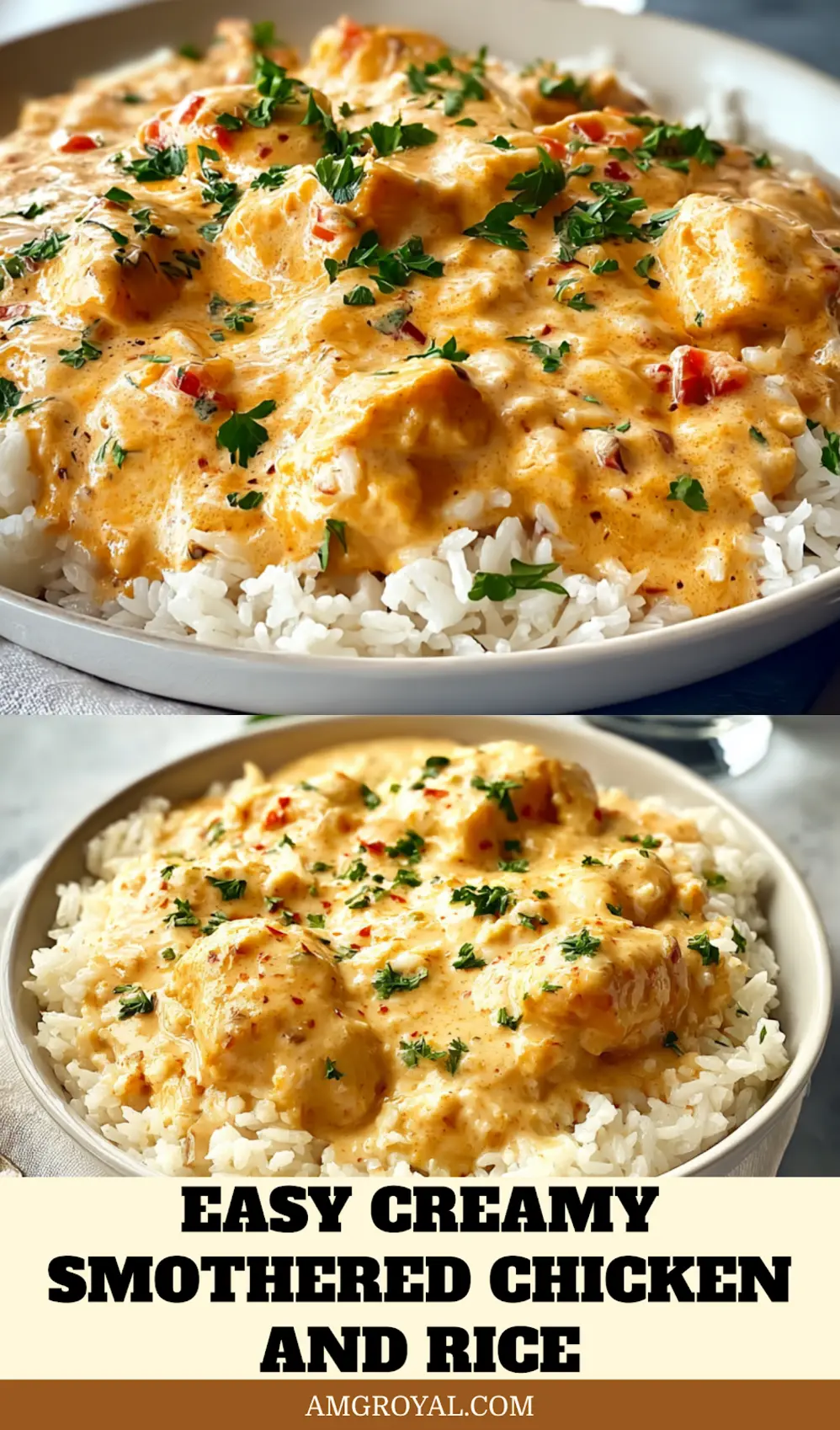 Finished plate of Easy Creamy Smothered Chicken and Rice topped with parsley served with fork on side