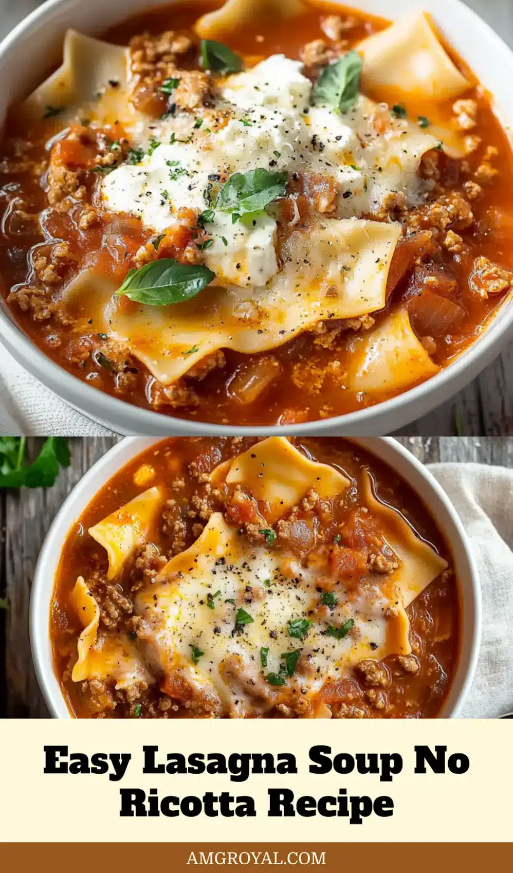 Easy Lasagna Soup No Ricotta: Quick Comforting Meal 5 Bowl of Easy Lasagna Soup without Ricotta with melted cheese and fresh herbs, served on a cozy wooden table