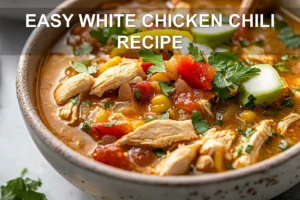 EASY WHITE CHICKEN CHILI RECIPE centered hero view, clean and uncluttered