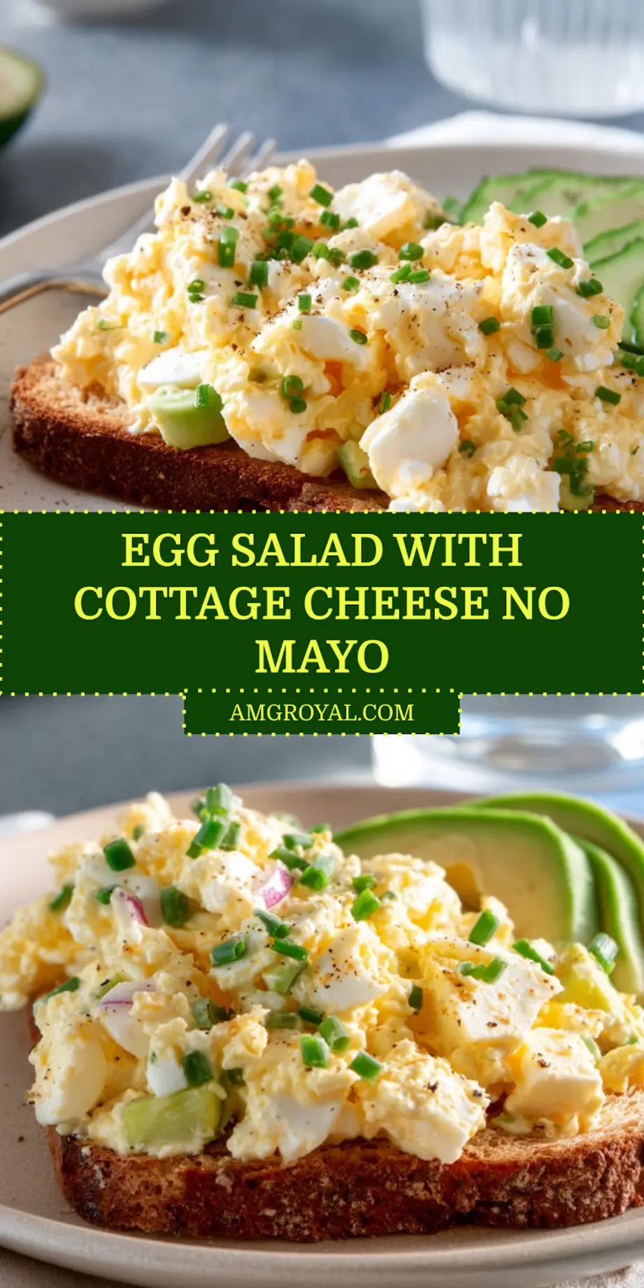 Healthy egg salad with cottage cheese served on sourdough with avocado and pickles
