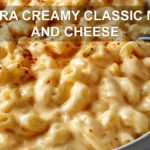 EXTRA CREAMY CLASSIC MAC AND CHEESE close up creamy macaroni with melted cheddar and Monterey Jack