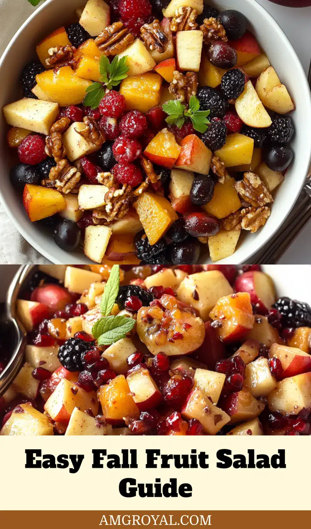 Fall Fruit Salad: Delicious and Simple Recipe 6 Fall fruit salad plated in a white bowl with serving spoons and garnished with thyme