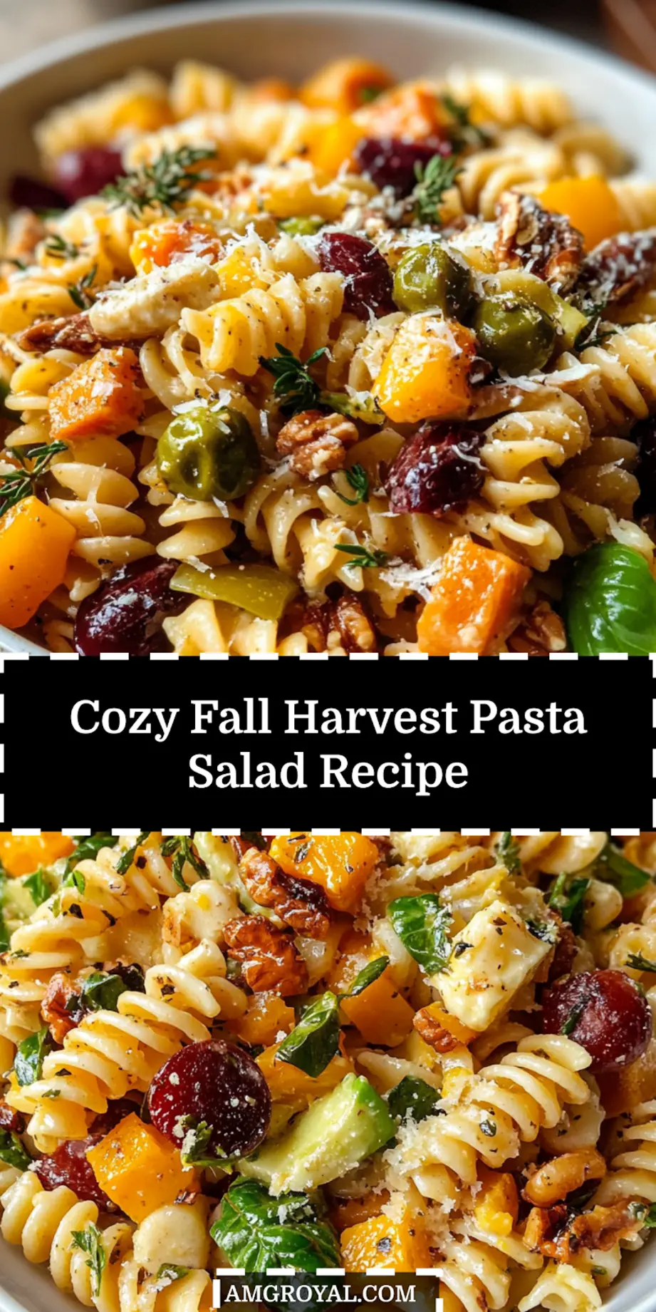 Fall Harvest Pasta Salad Easy Cozy Recipe 5 Bowl of Fall Harvest Pasta Salad topped with feta, pecans and cranberries for Pinterest sharing