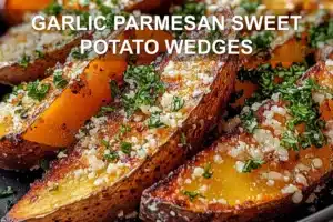 Garlic Parmesan Sweet Potato Wedges You'll Love GARLIC PARMESAN SWEET POTATO WEDGES centered hero view, clean and uncluttered