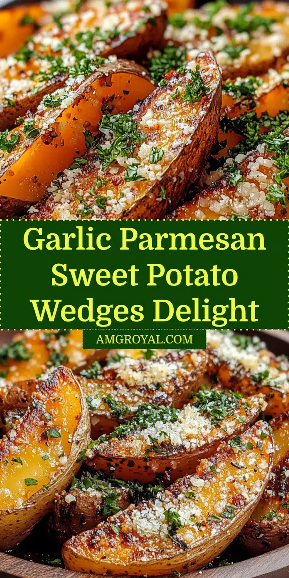 Garlic Parmesan Sweet Potato Wedges You'll Love 5 Close-up of golden garlic parmesan sweet potato wedges ready to serve.