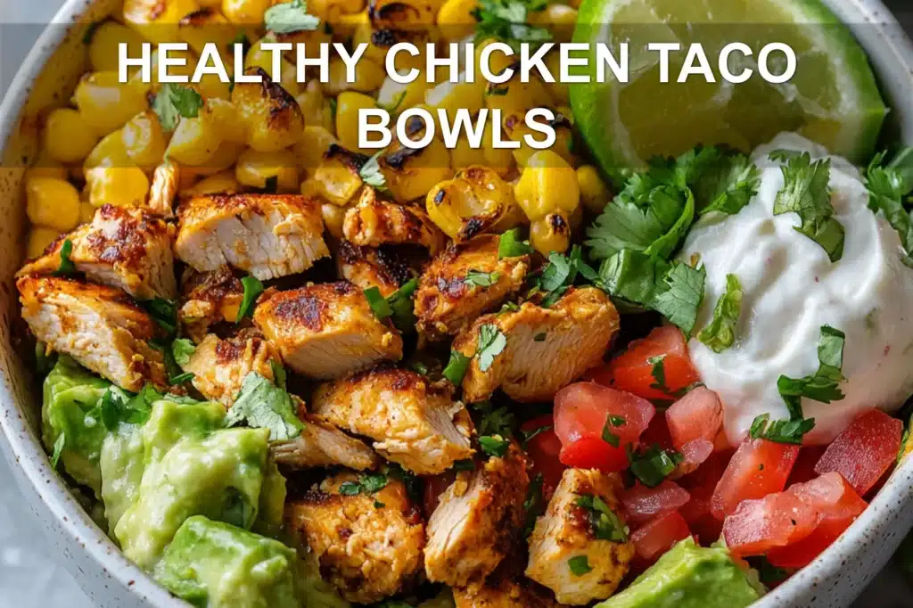 HEALTHY CHICKEN TACO BOWLS centered hero view, clean and uncluttered