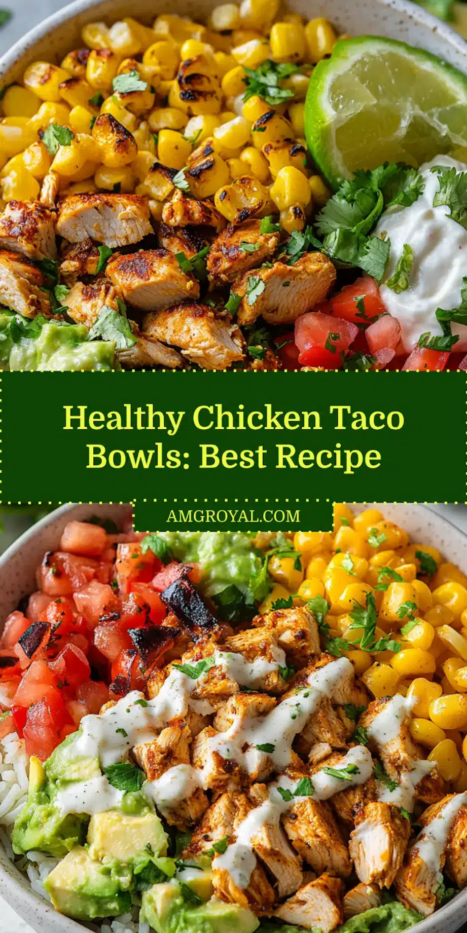 Healthy Chicken Taco Bowls: Delicious Quick Protein Fix 5 Assembled healthy chicken taco bowls served with toppings like guacamole, yogurt, and roasted corn