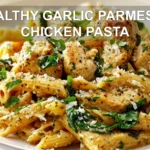 HEALTHY GARLIC PARMESAN CHICKEN PASTA close up plated whole wheat penne with chicken and spinach