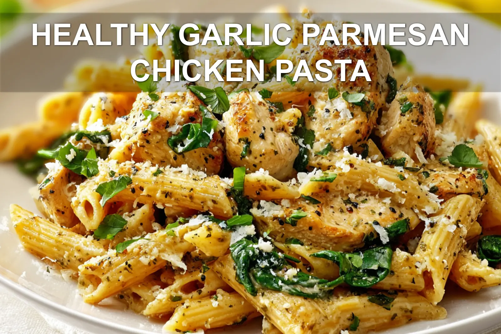 HEALTHY GARLIC PARMESAN CHICKEN PASTA close up plated whole wheat penne with chicken and spinach