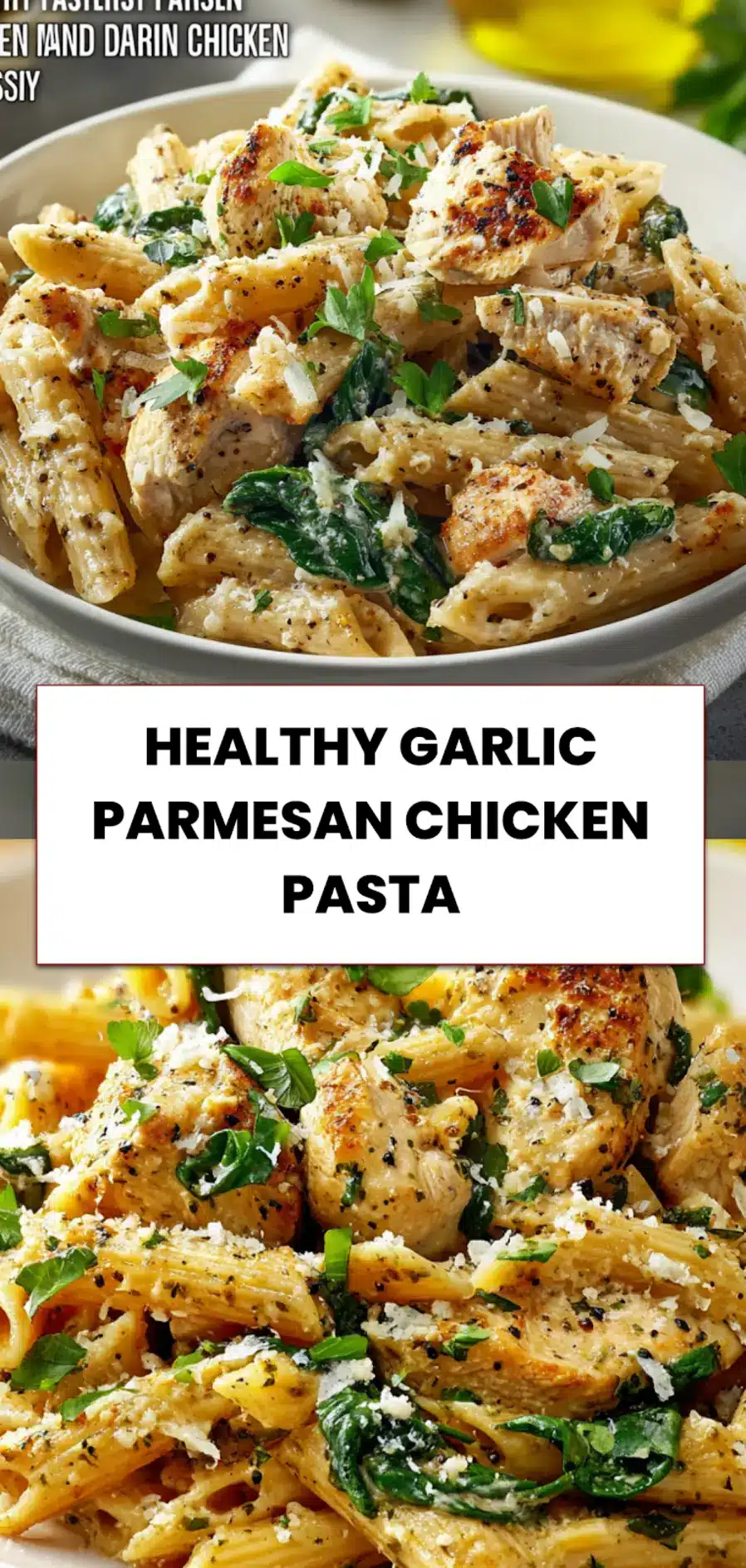 Healthy Garlic Parmesan Chicken Pasta: Easy and Delicious 5 Healthy Garlic Parmesan Chicken Pasta plated and ready for Pinterest sharing - penne with chicken and spinach in creamy sauce