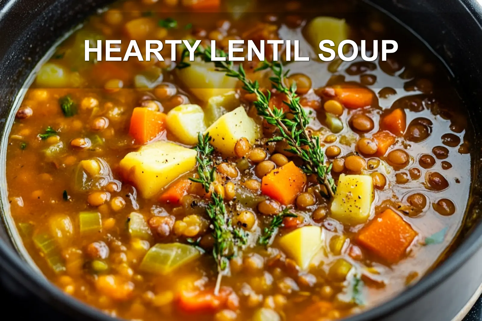 HEARTY LENTIL SOUP centered hero view, clean and uncluttered