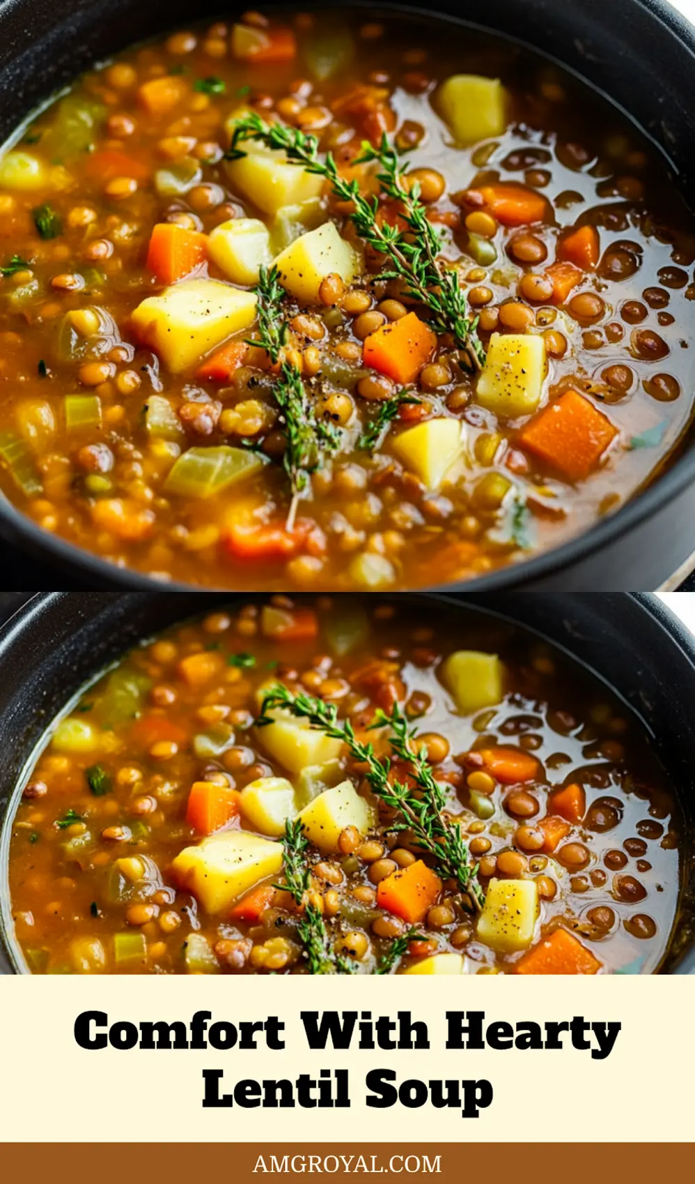 A pin-ready image of hearty lentil soup served with a slice of crusty bread