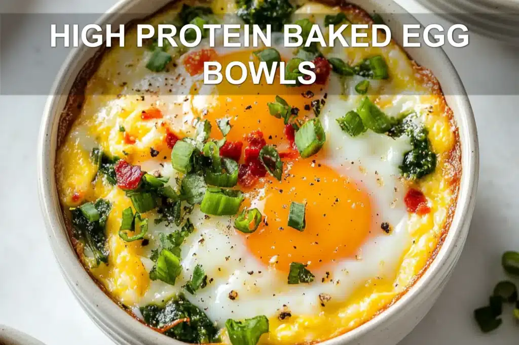 HIGH PROTEIN BAKED EGG BOWLS centered hero view, clean and uncluttered