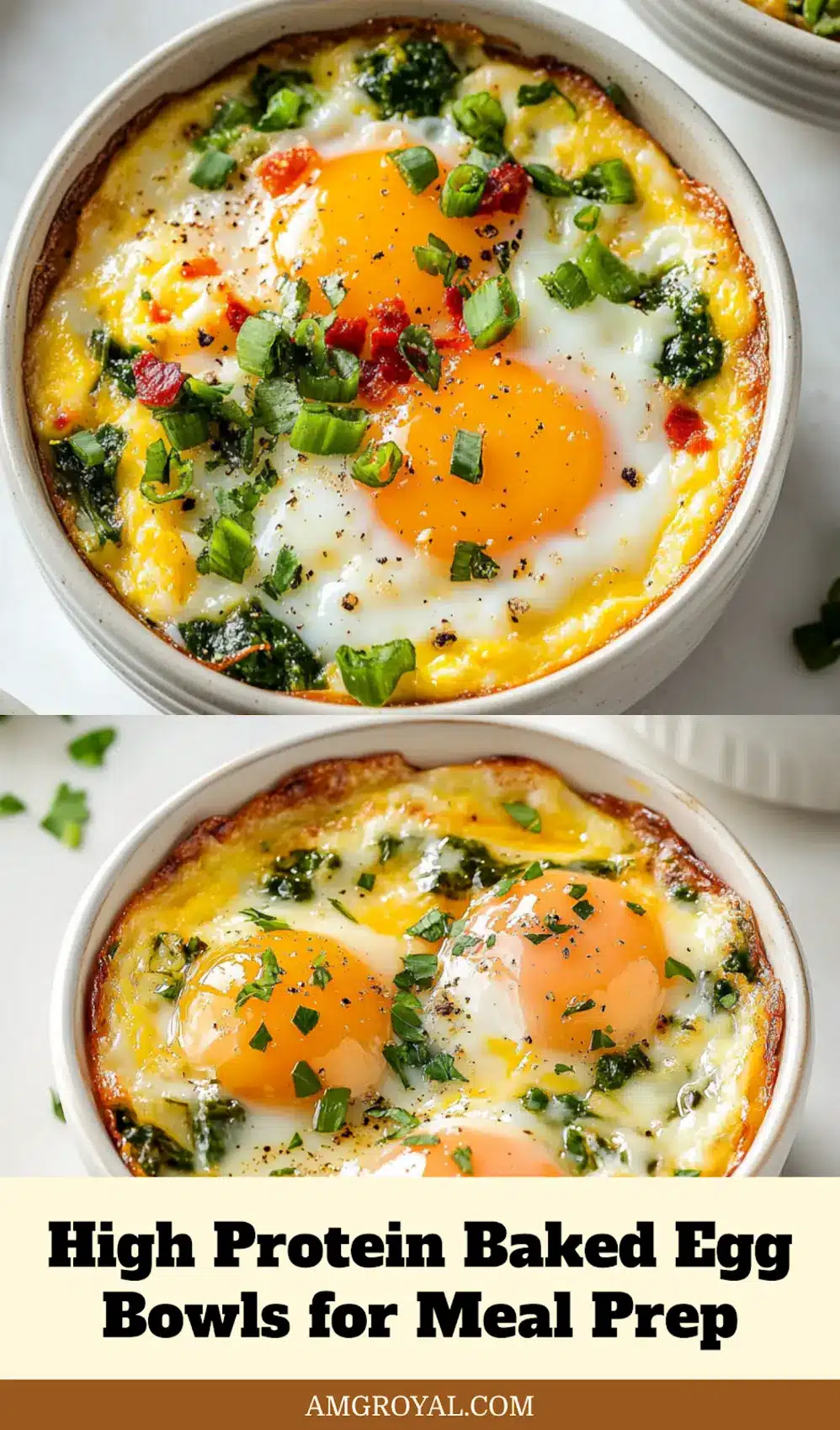 High Protein Baked Egg Bowls: Easy Delicious Meal Prep 5 Finished High Protein Baked Egg Bowls with melted cheese and colorful veggies ready for serving or storage
