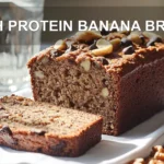 HIGH PROTEIN BANANA BREAD hero loaf on white cloth warm natural light shallow depth