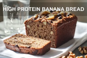 HIGH PROTEIN BANANA BREAD hero loaf on white cloth warm natural light shallow depth