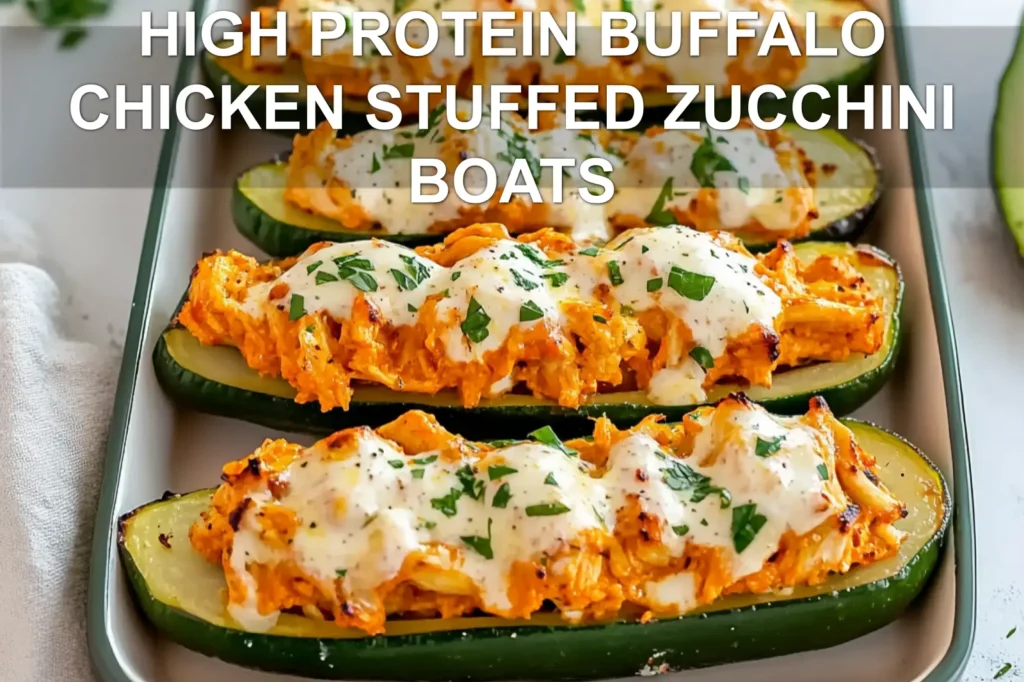 HIGH PROTEIN BUFFALO CHICKEN STUFFED ZUCCHINI BOATS centered hero view, clean and uncluttered