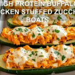 High Protein Buffalo Chicken Boats for Easy Low Cal Delight 6 HIGH PROTEIN BUFFALO CHICKEN STUFFED ZUCCHINI BOATS centered hero view, clean and uncluttered