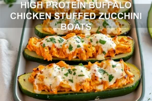 HIGH PROTEIN BUFFALO CHICKEN STUFFED ZUCCHINI BOATS centered hero view, clean and uncluttered