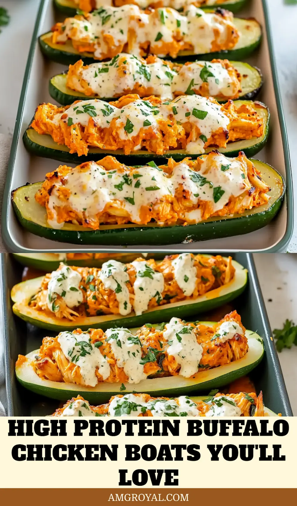 High Protein Buffalo Chicken Boats for Easy Low Cal Delight 5 Finished buffalo chicken stuffed zucchini boats with feta topping and garnishes, perfect for high protein meal prep