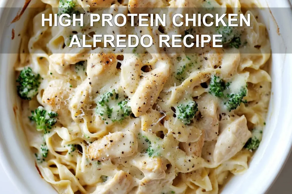 HIGH PROTEIN CHICKEN ALFREDO RECIPE centered hero view, clean and uncluttered