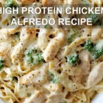 HIGH PROTEIN CHICKEN ALFREDO RECIPE centered hero view, clean and uncluttered