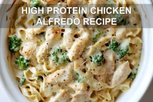 HIGH PROTEIN CHICKEN ALFREDO RECIPE centered hero view, clean and uncluttered