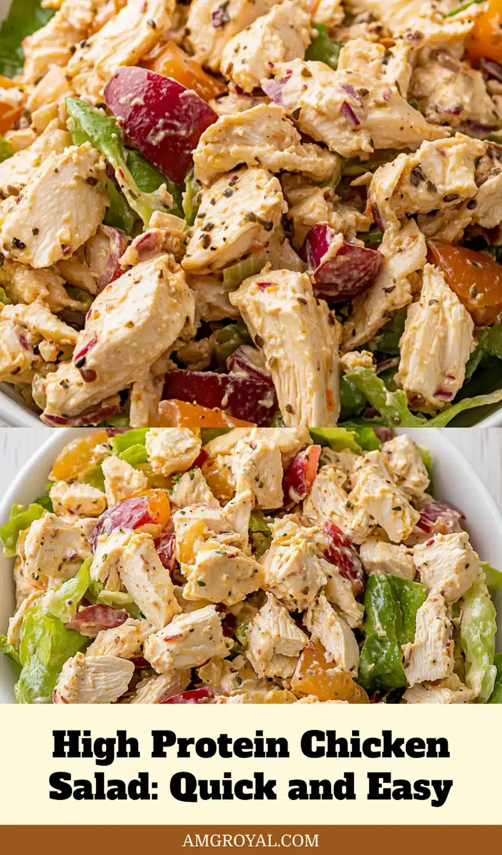 High protein chicken salad served in a bowl, styled for Pinterest with clear ingredients shown.