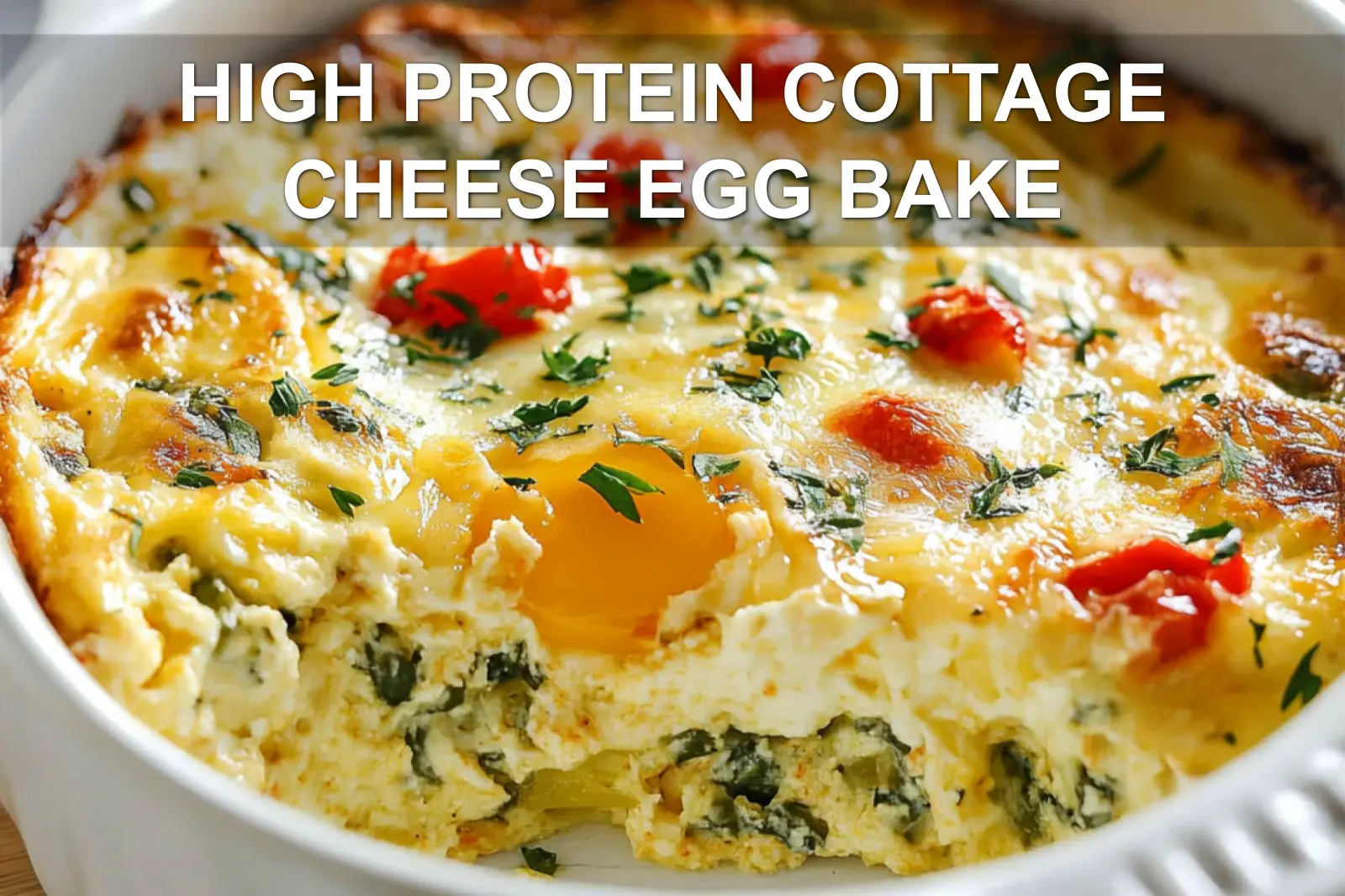 HIGH PROTEIN COTTAGE CHEESE EGG BAKE centered hero view, clean and uncluttered