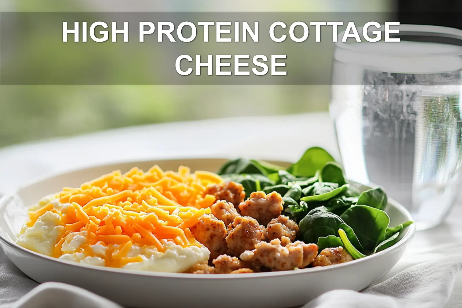 HIGH PROTEIN COTTAGE CHEESE breakfast with eggs turkey sausage spinach and melted cheese