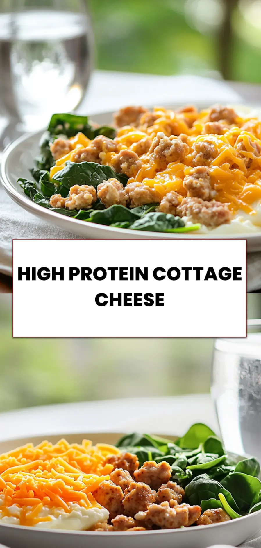 High-Protein Cottage Cheese Breakfast Ideas 5 High protein cottage cheese breakfast casserole served in slices with eggs, turkey sausage, spinach, and melted cheese