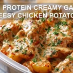 HIGH PROTEIN CREAMY GARLIC CHEESY CHICKEN POTATOES close up plated creamy garlic cheese chicken with potatoes
