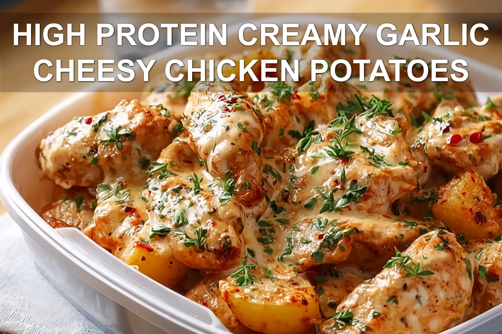 HIGH PROTEIN CREAMY GARLIC CHEESY CHICKEN POTATOES close up plated creamy garlic cheese chicken with potatoes