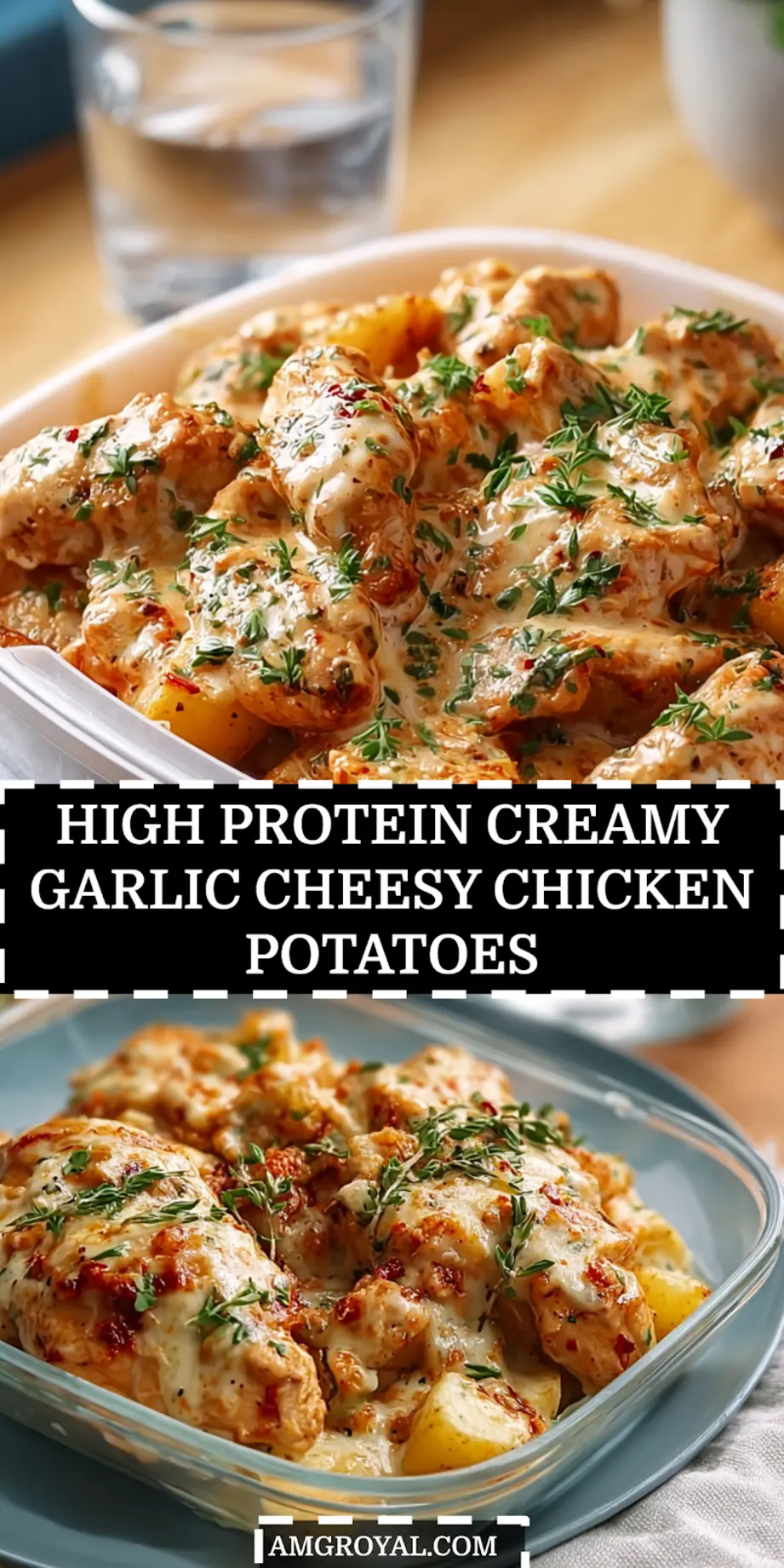 High Protein Creamy Garlic Cheesy Chicken & Potatoes Recipe - Make It Delicious 5 High Protein Creamy Garlic Cheesy Chicken & Potatoes served plated with garnished parsley and melted cheese for Pinterest