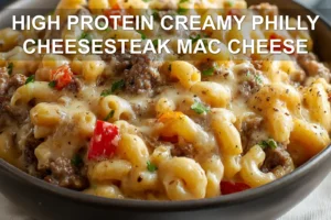 High-Protein Creamy Philly Cheesesteak Mac & Cheese: Easy, Must-Try Meal HIGH PROTEIN CREAMY PHILLY CHEESESTEAK MAC CHEESE plated bowl with melted cheese peppers and herbs