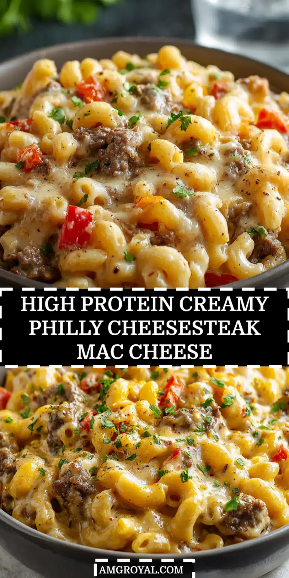 High-Protein Creamy Philly Cheesesteak Mac Cheese Recipe 6 Plated high-protein Philly cheesesteak mac cheese garnished with parsley and served in a white bowl