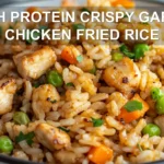 HIGH PROTEIN CRISPY GARLIC CHICKEN FRIED RICE centered hero view, clean and uncluttered
