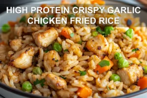 High Protein Crispy Garlic Chicken Fried Rice Recipe HIGH PROTEIN CRISPY GARLIC CHICKEN FRIED RICE centered hero view, clean and uncluttered