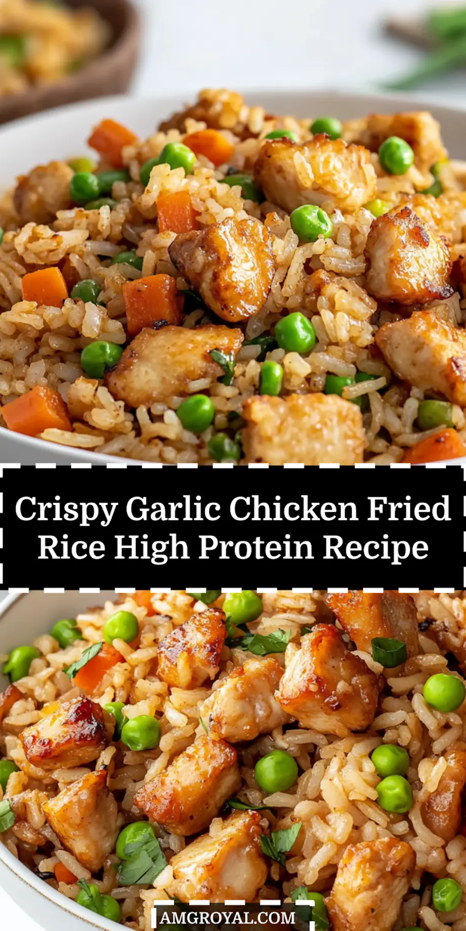 High Protein Crispy Garlic Chicken Fried Rice Recipe 5 High Protein Crispy Garlic Chicken Fried Rice plated and styled for Pinterest pin