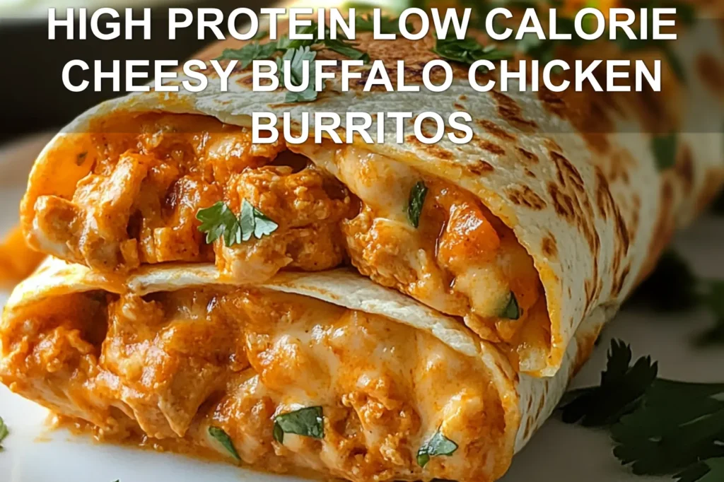 HIGH PROTEIN LOW CALORIE CHEESY BUFFALO CHICKEN BURRITOS centered hero view, clean and uncluttered
