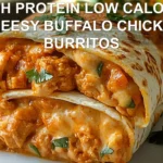 HIGH PROTEIN LOW CALORIE CHEESY BUFFALO CHICKEN BURRITOS centered hero view, clean and uncluttered