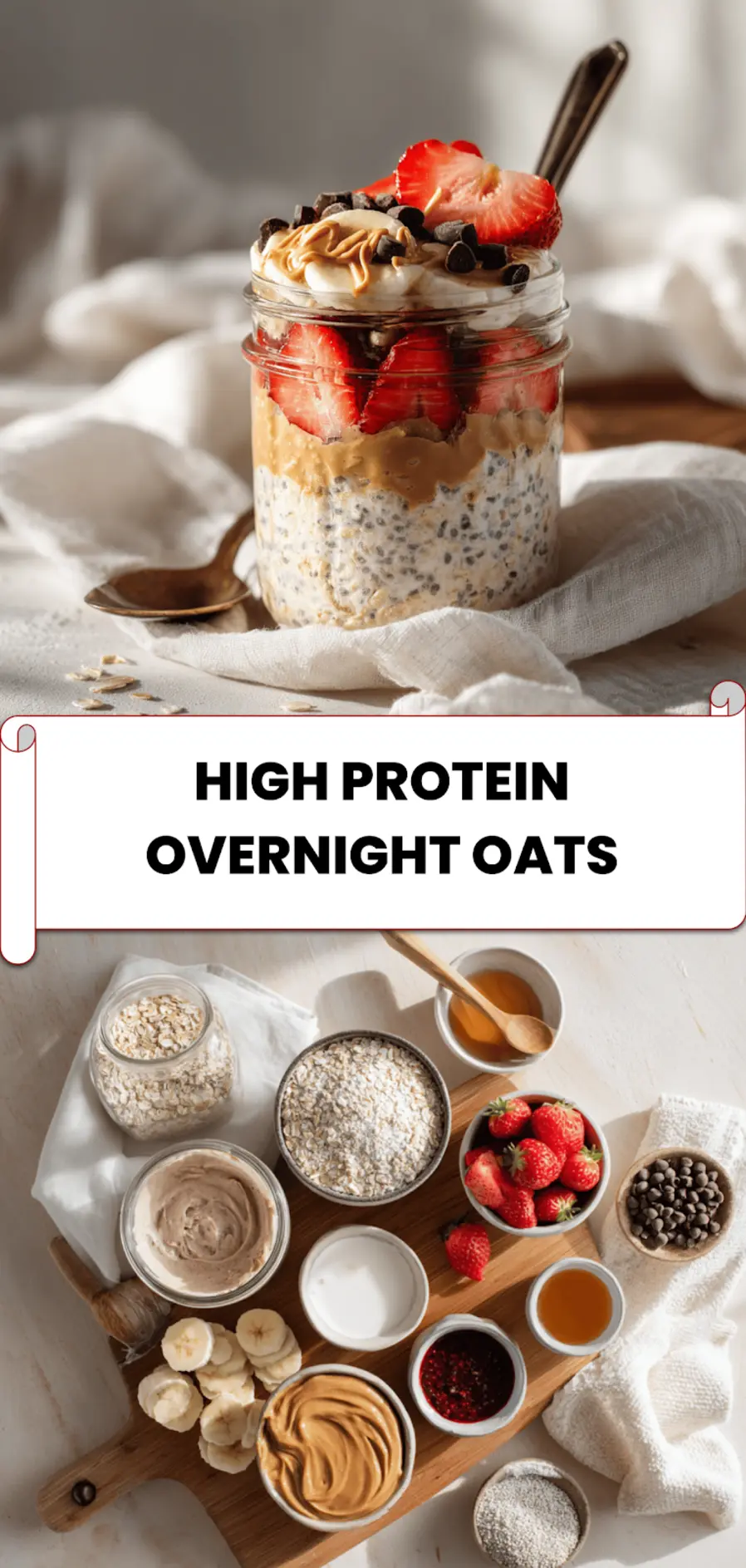 Finished high-protein overnight oats in a glass jar with fresh toppings